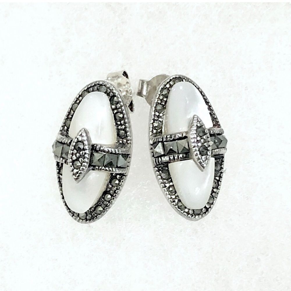 Vintage Sterling Silver Mother Of Pearl Marcasite Inlay Earrings